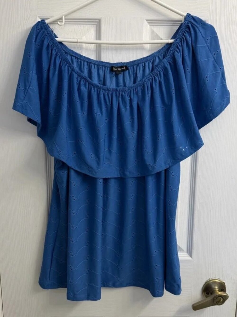 Time Square Bright Blue Off Shoulder Ruffle Tunic Top Women's XL Eyelet Boho